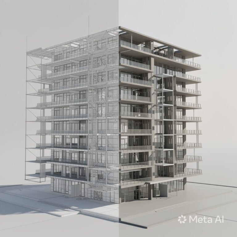 3D wireframe building transforming into realistic structure