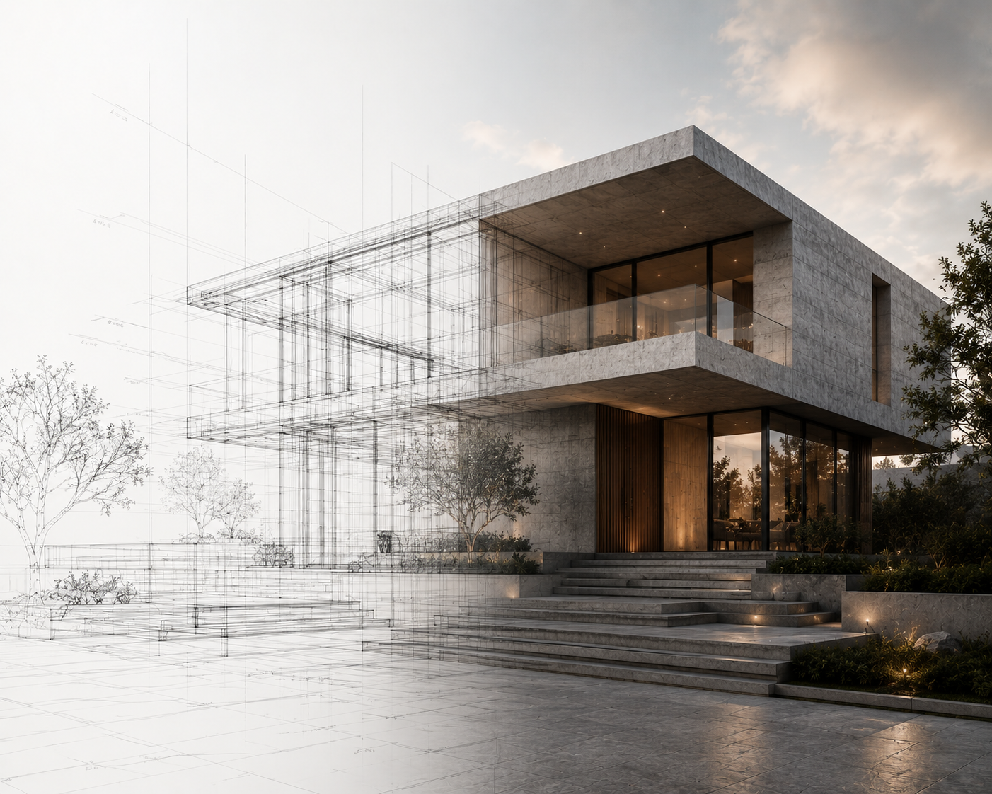 3D wireframe building transforming into realistic structure