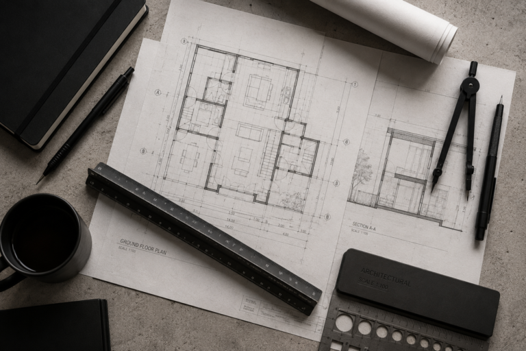 Architect desk flat lay with blueprints, scale ruler, matte black tools