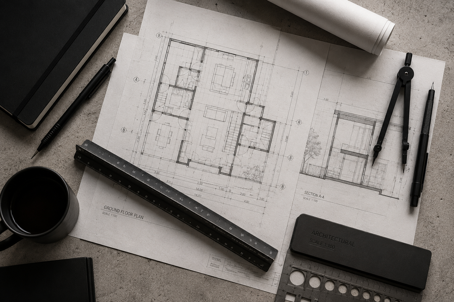Architect desk flat lay with blueprints, scale ruler, matte black tools