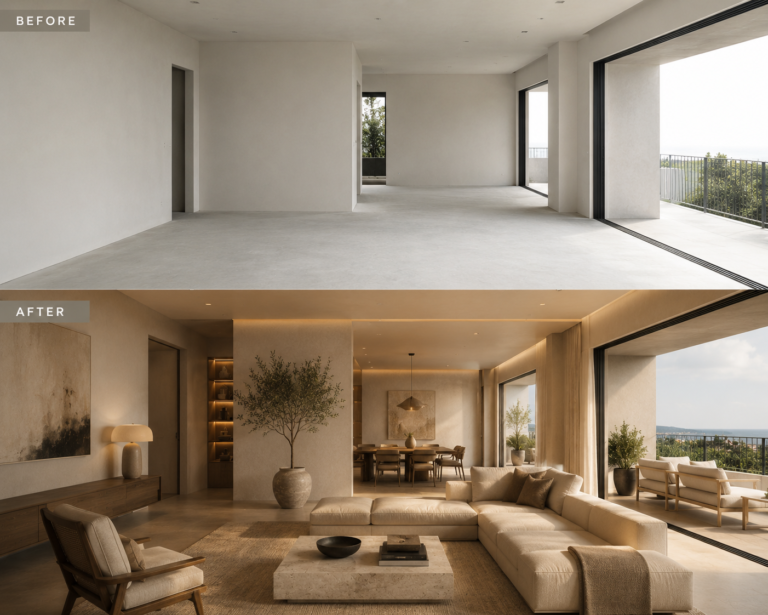 Before vs after luxury interior transformation concept