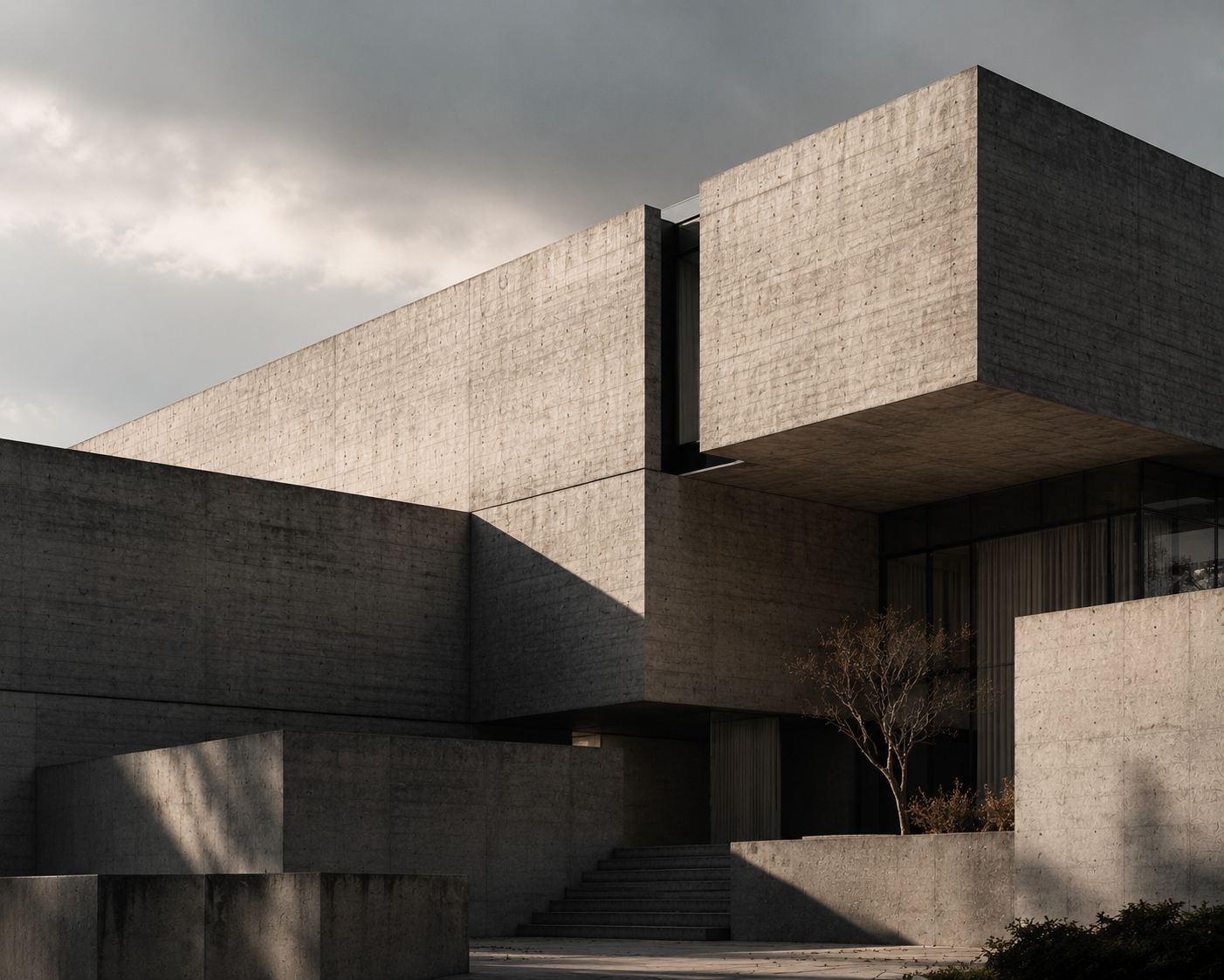 Brutalist architecture with cinematic shadows and neutral palette