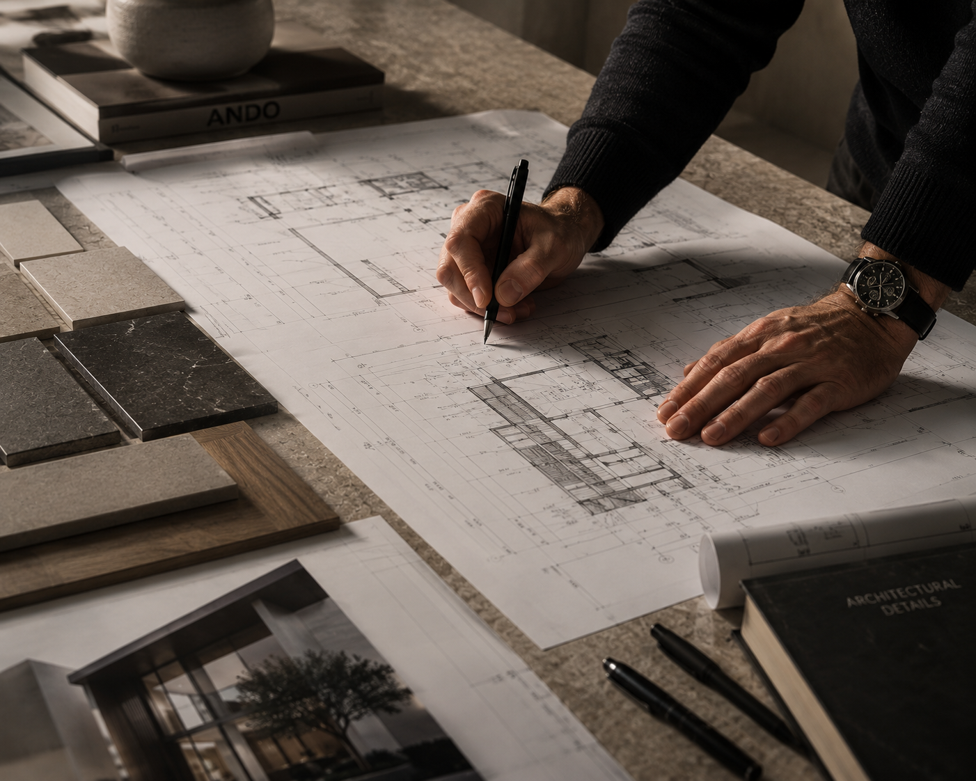 Close-up of architect hands reviewing premium construction plans