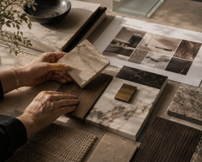 Close-up of interior material selection process