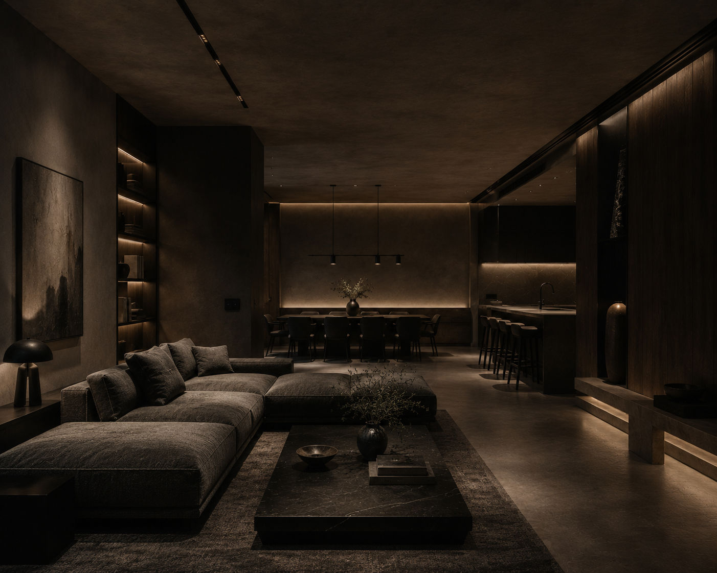 Dark moody luxury interior with architectural lighting focus