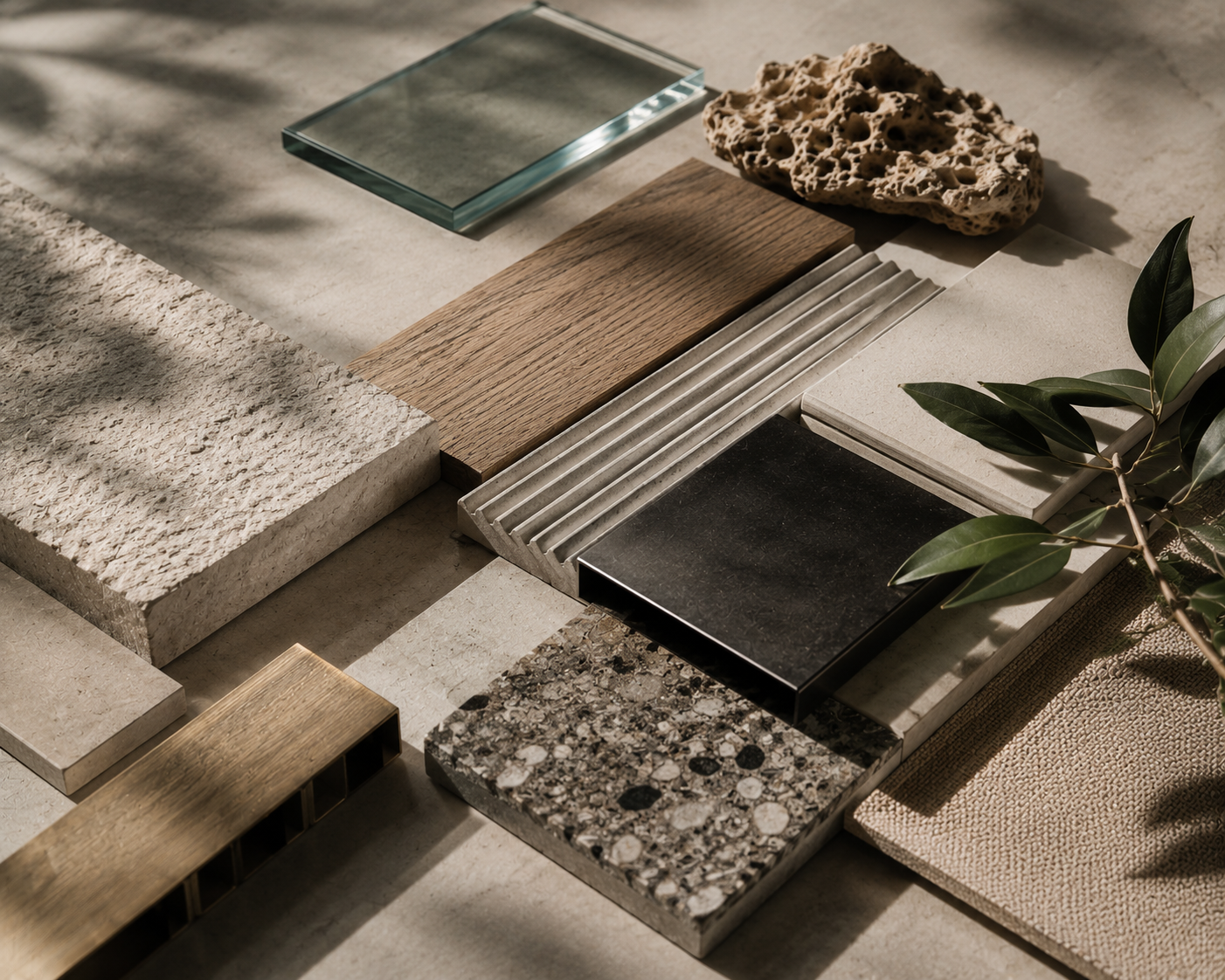 Editorial-style shot of premium architecture material palette