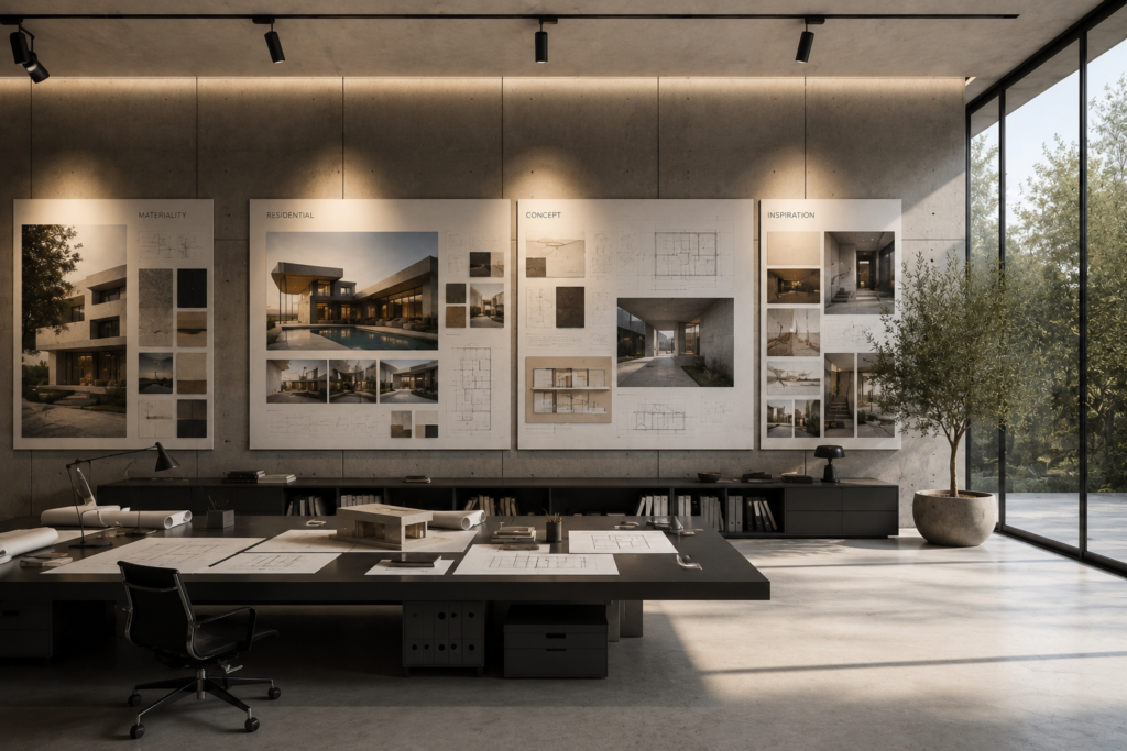 Empty luxury architectural studio with large mood boards on wall