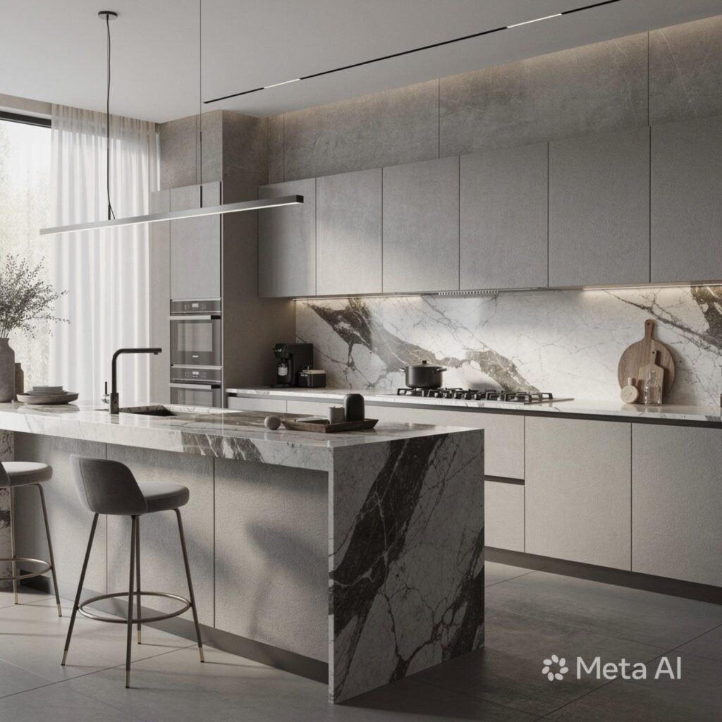 High-end kitchen interior with marble and matte textures