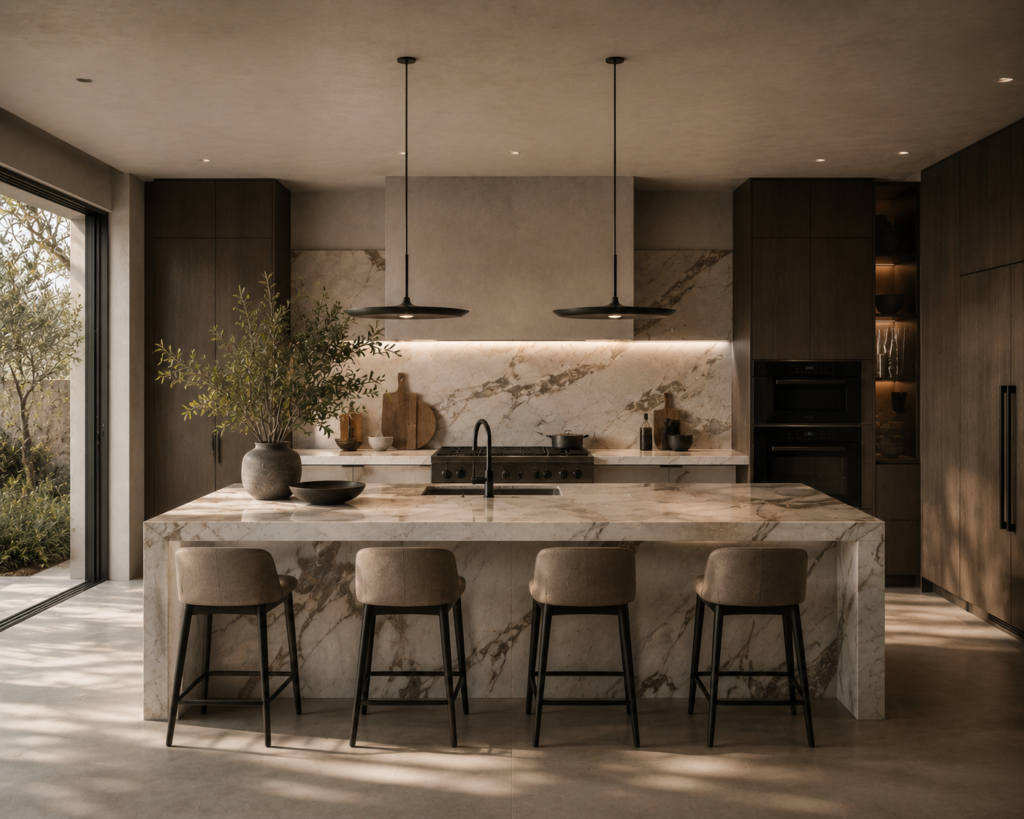 High-end kitchen interior with marble and matte textures