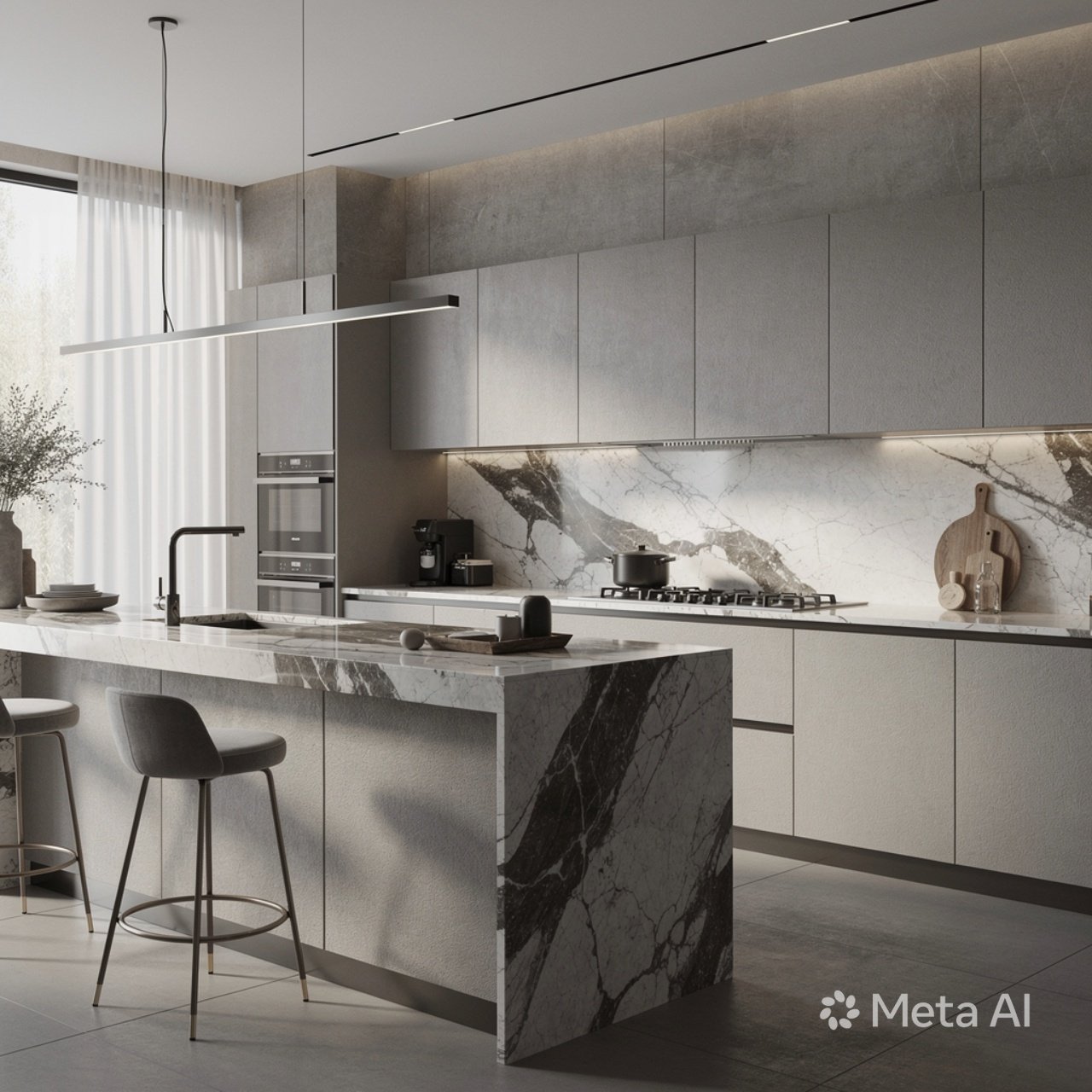 High-end kitchen interior with marble and matte textures