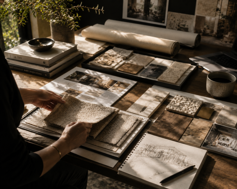 Interior designer workspace with fabric swatches and mood boards