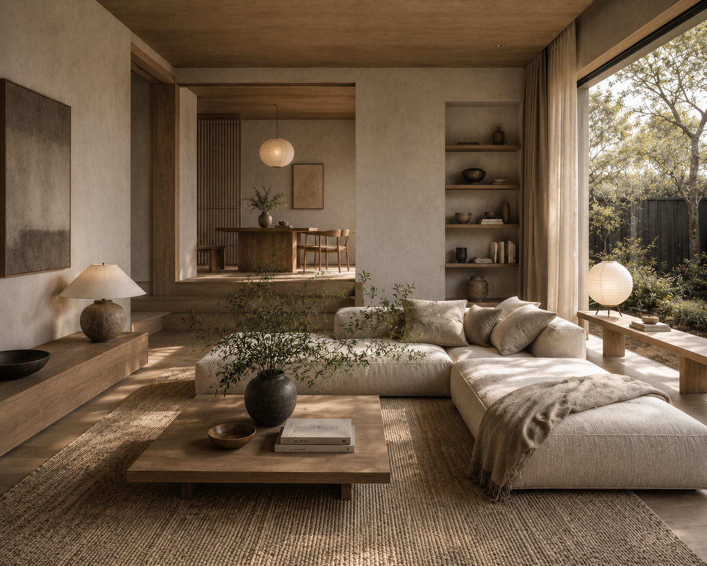 Japandi-inspired interior with layered soft textures