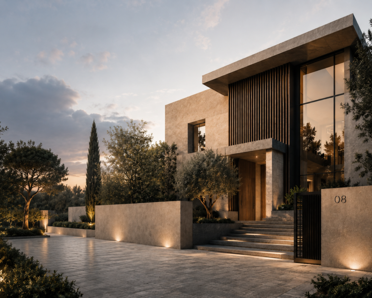 Luxury residential facade with oversized typography space