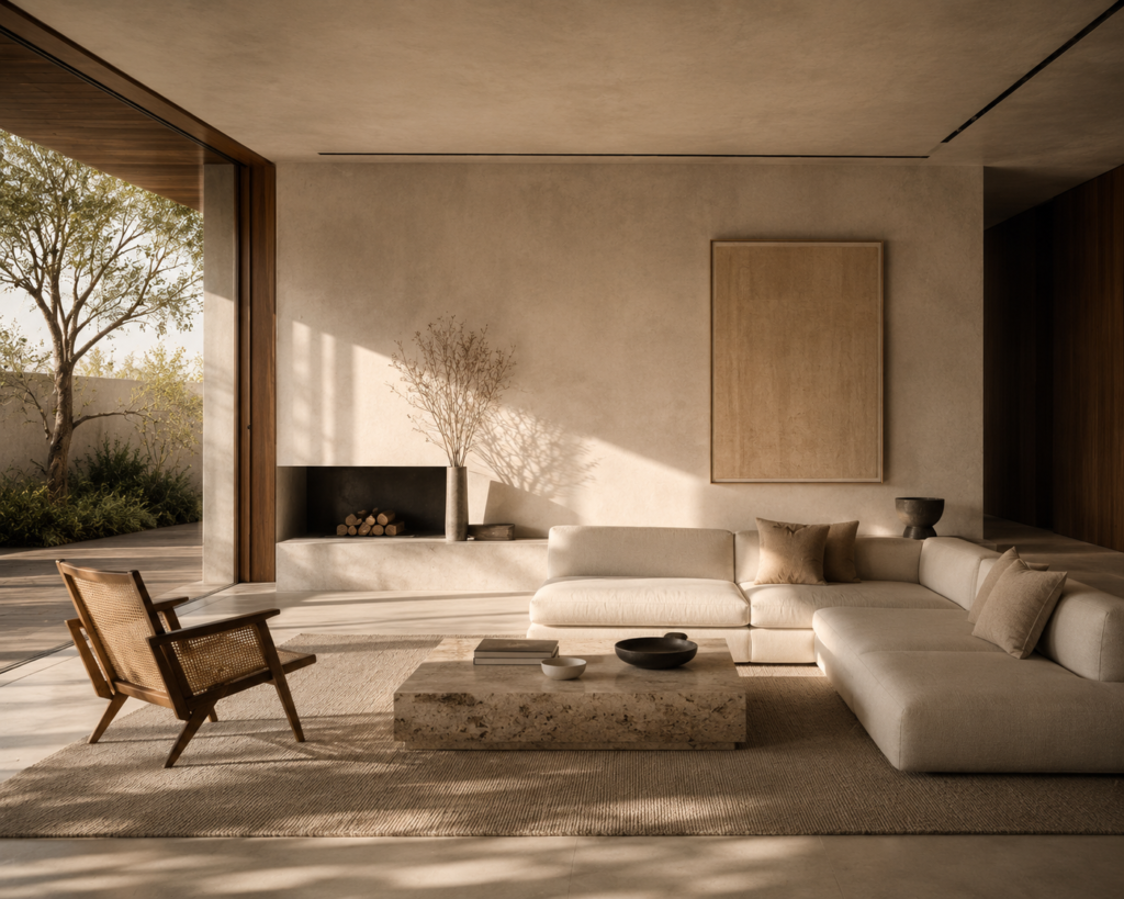 Minimal luxury living room with warm natural light