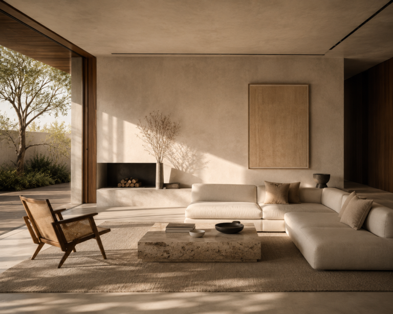 Minimal luxury living room with warm natural light