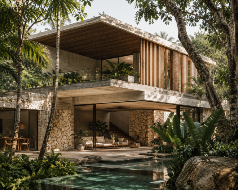 Modern tropical architecture surrounded by natural textures
