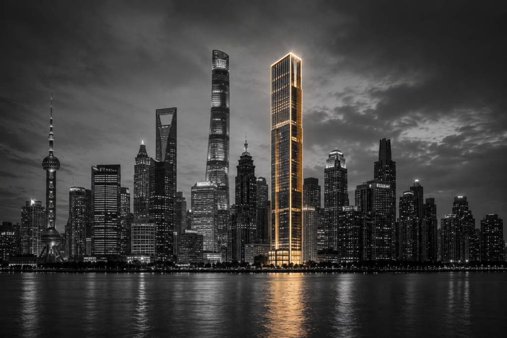 Monochrome city skyline with one highlighted premium building