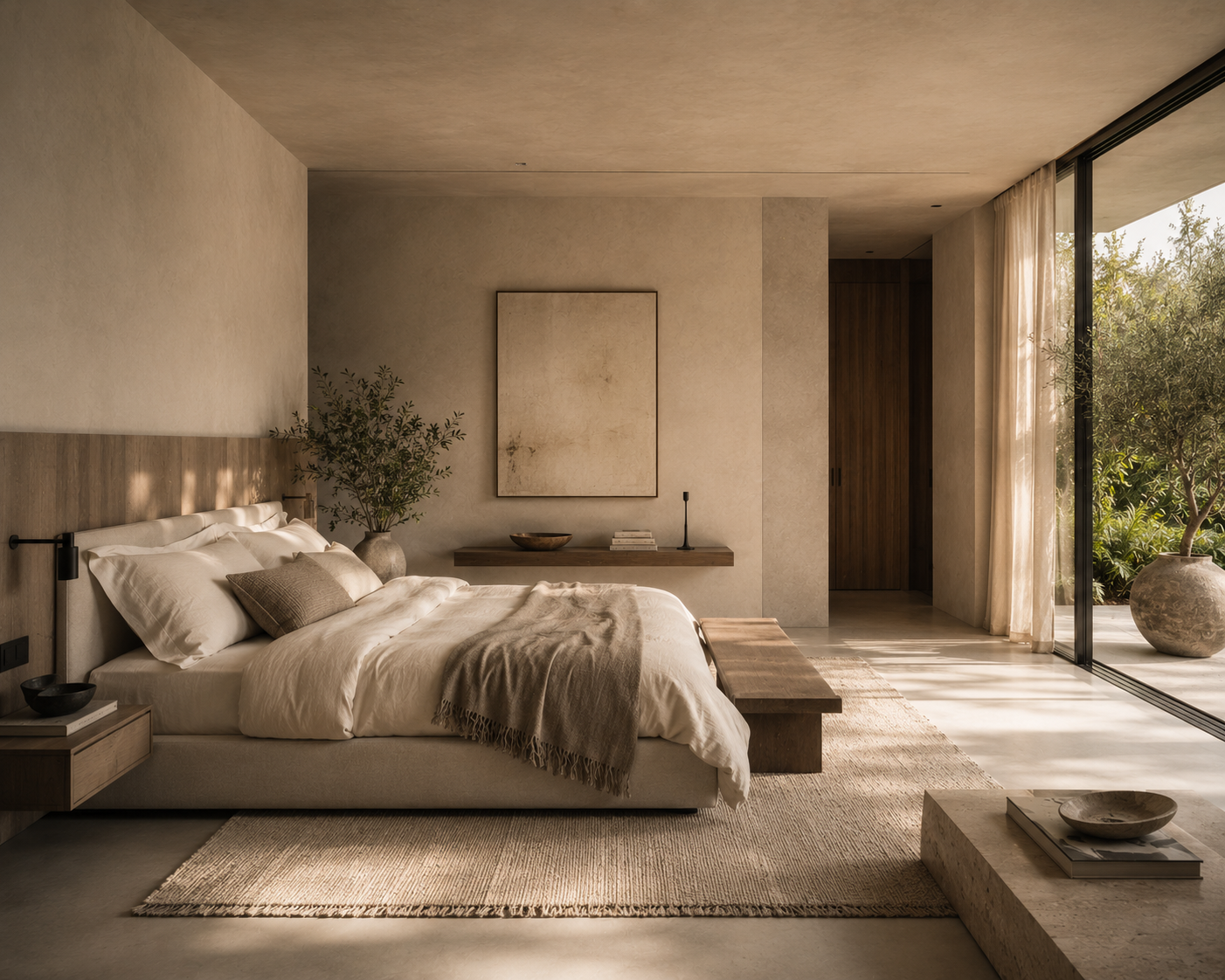 Neutral-toned modern bedroom with editorial magazine styling