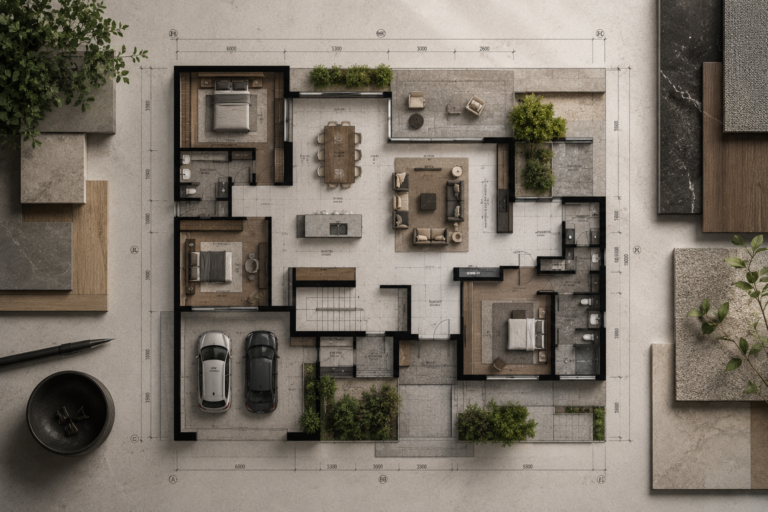 Top-down shot of architectural floor plans with textured materials