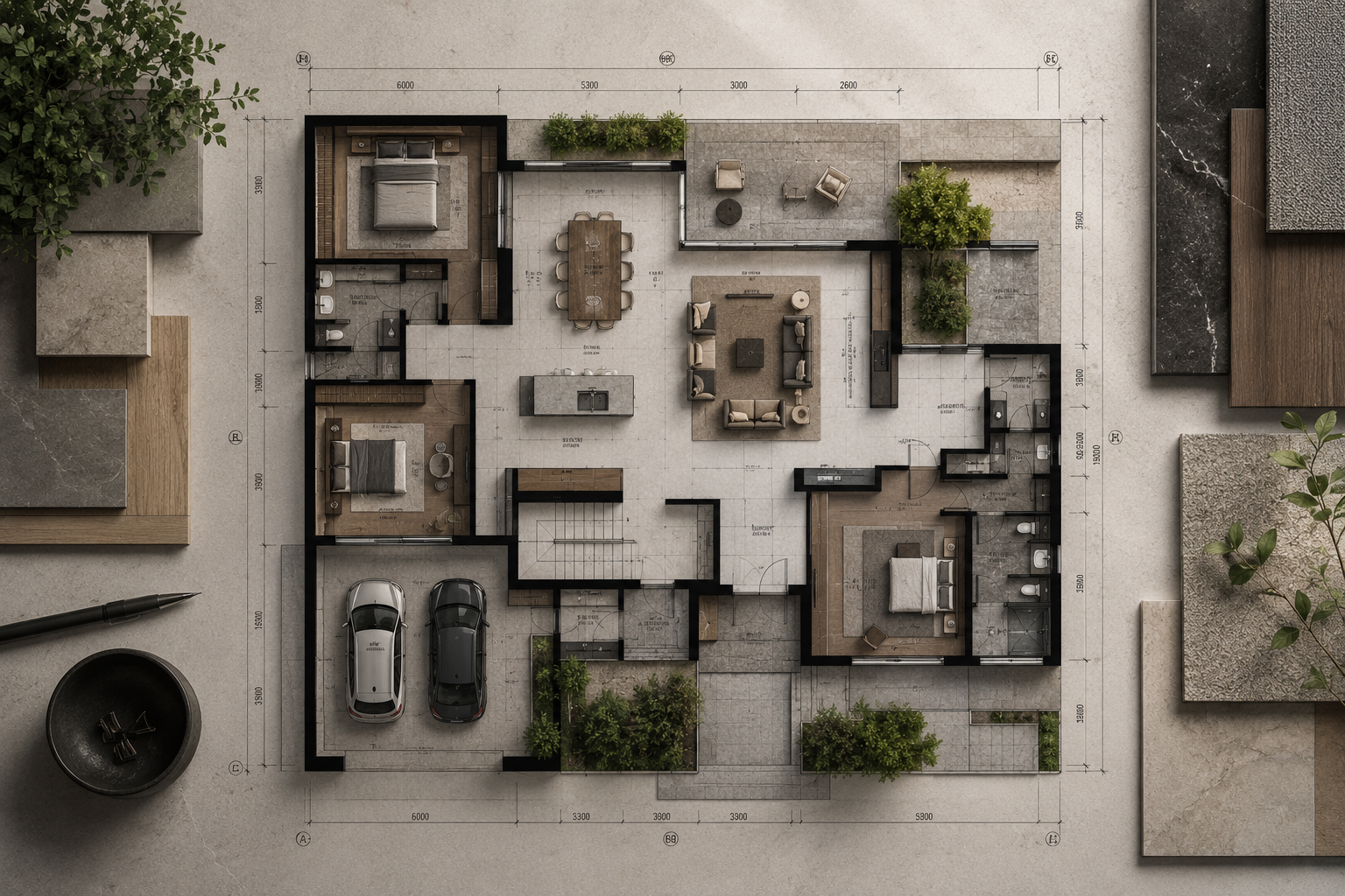 Top-down shot of architectural floor plans with textured materials